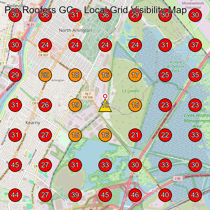 Pro Roofers GC GeoGrid visibility map for Roofing Contractor in Kearny